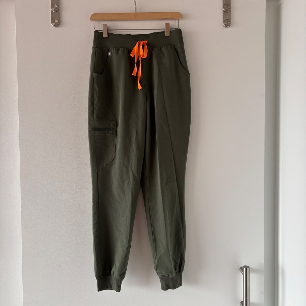 FIGS Zamora High Waisted Jogger Scrub Pants Olive Green Orange Drawstring Small
